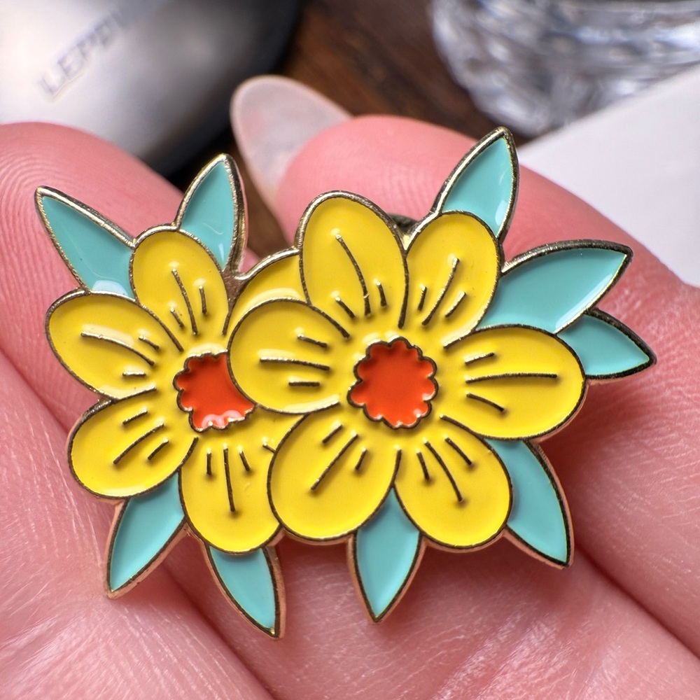 Floral Enamel Brooch - Yellow and Teal